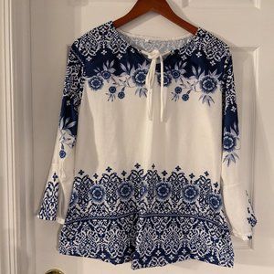 NWOT Bell Sleeve Top, Blue/White Floral